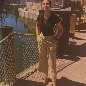 Khaki colored flowy pants. Super comfortable.